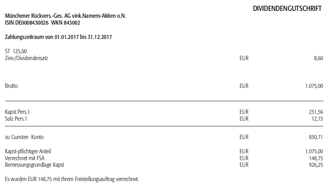 Die Abrechnung der Dividende der Munich Re im April 2018