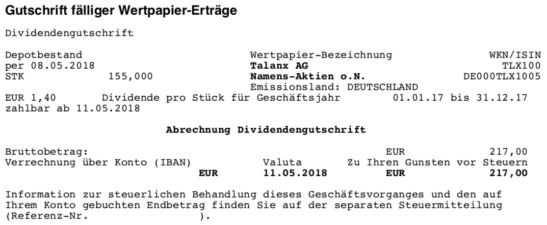 Die Abrechnung der Dividendenzahlung von Talanx durch die Comdirect Bank
