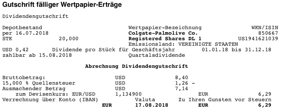 Abrechnung Dividende Colgate-Palmolive August 2018