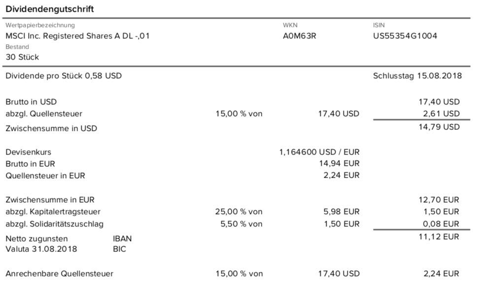 Die Originalabrechnung der Dividendenzahlung von MSCI Inc. im August 2018