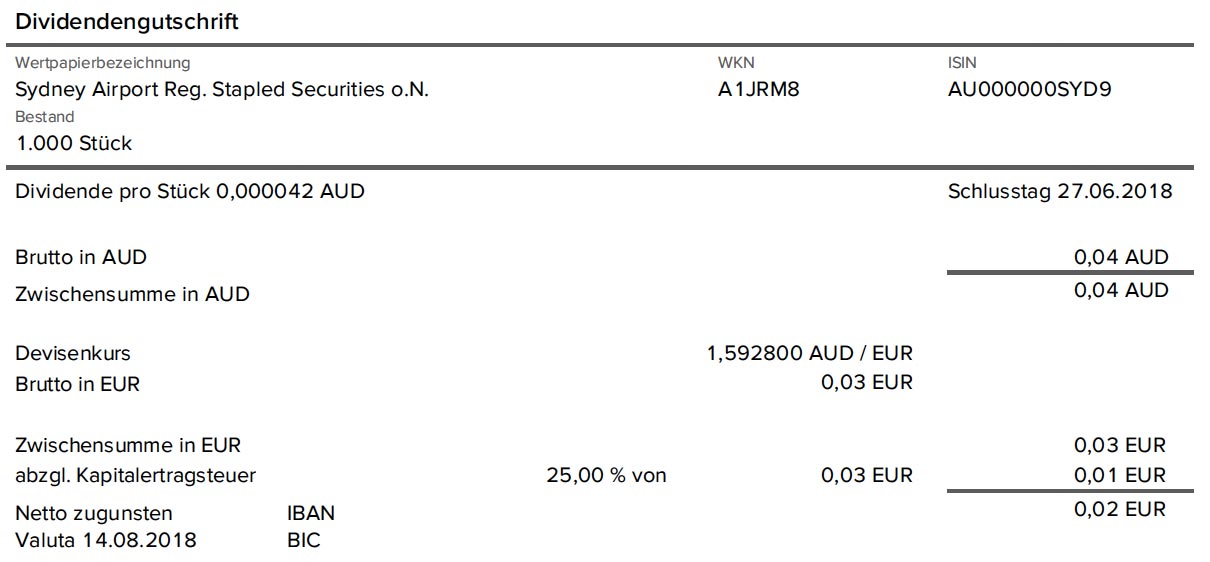Dividendenabrechnung Sydney Airport ohne Quellensteuer
