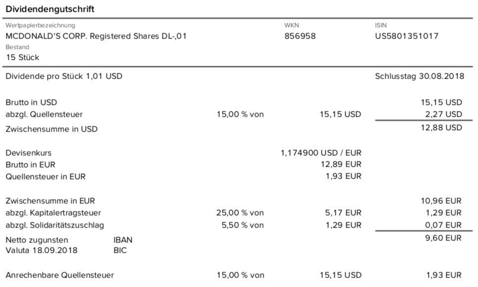 Die Originalabrechnung der Dividende von McDonald's im September 2018