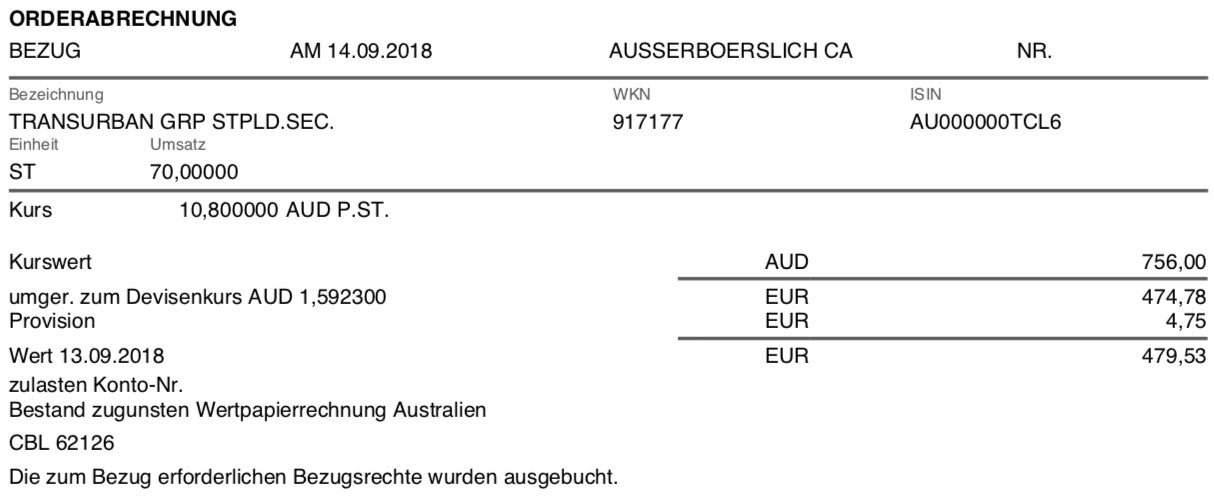 Kaufbeleg Transurban Group September 2018