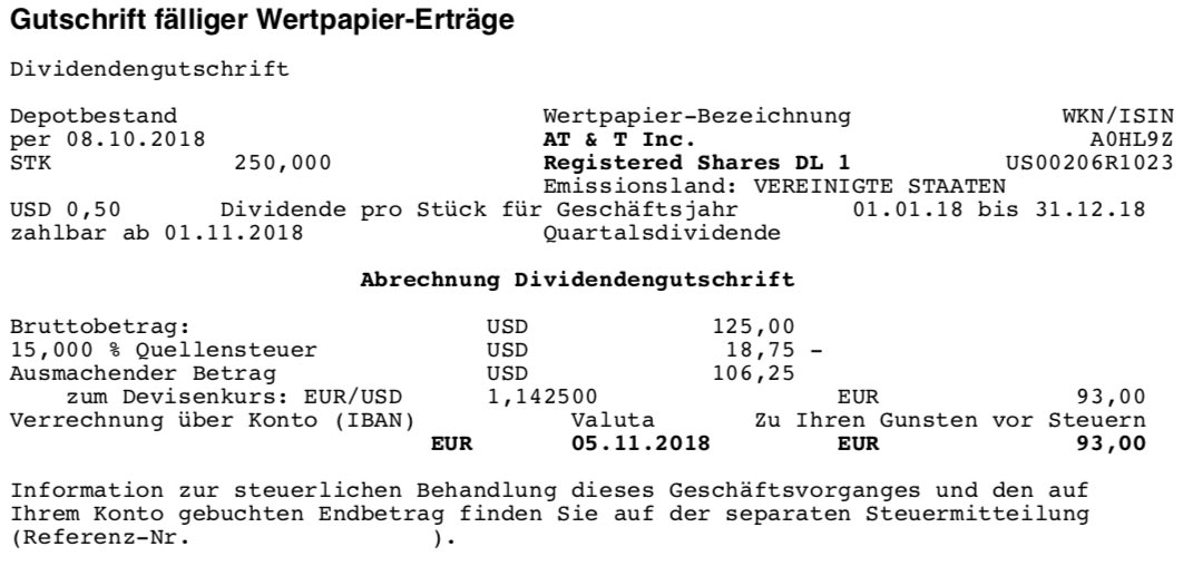 Die Originalabrechnung der Dividende von AT&T im November 2018