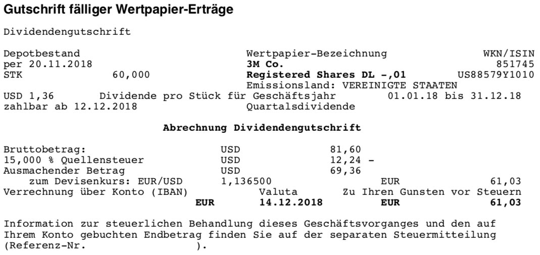 Die Originalabrechnung der 3M-Dividende im Dezember 2018