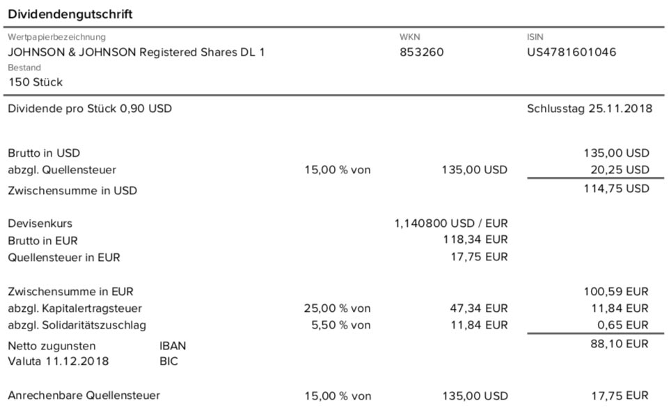 Die Originalabrechnung der JNJ-Dividende im Dezember 2018