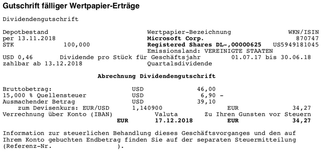 Die Originalabrechnung der Microsoft-Dividende im Dezember 2018