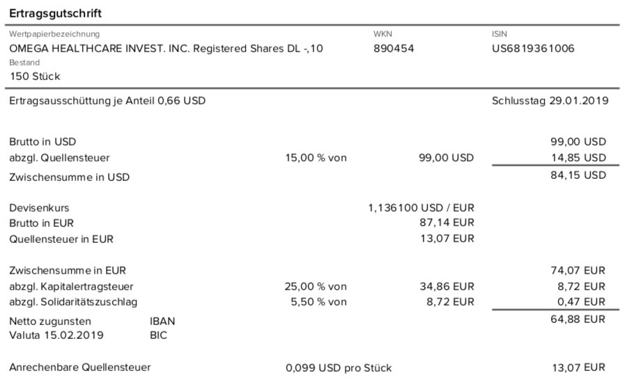 Die Originalabrechnung der Dividende von Omega Healthcare Investors im Februar 2019