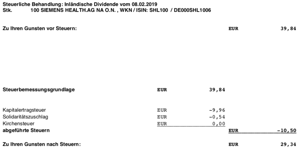 Die Orginalabrechnung der Siemens Healthineers Dividende im Februar 2019 Steuer