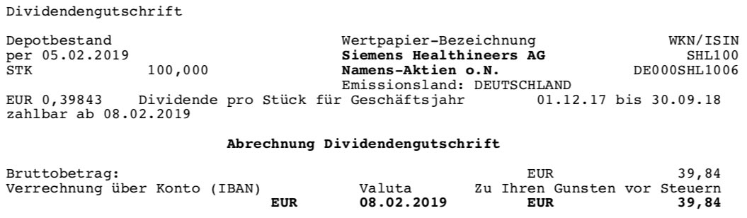 Die Orginalabrechnung der Siemens Healthineers Dividende im Februar 2019 Teil 1