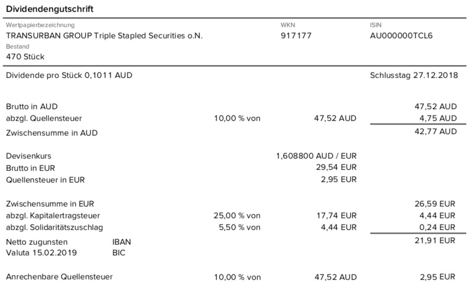 Die Originalabrechnung der Transurban Group-Dividende im Februar 2019 10% Quellensteuer