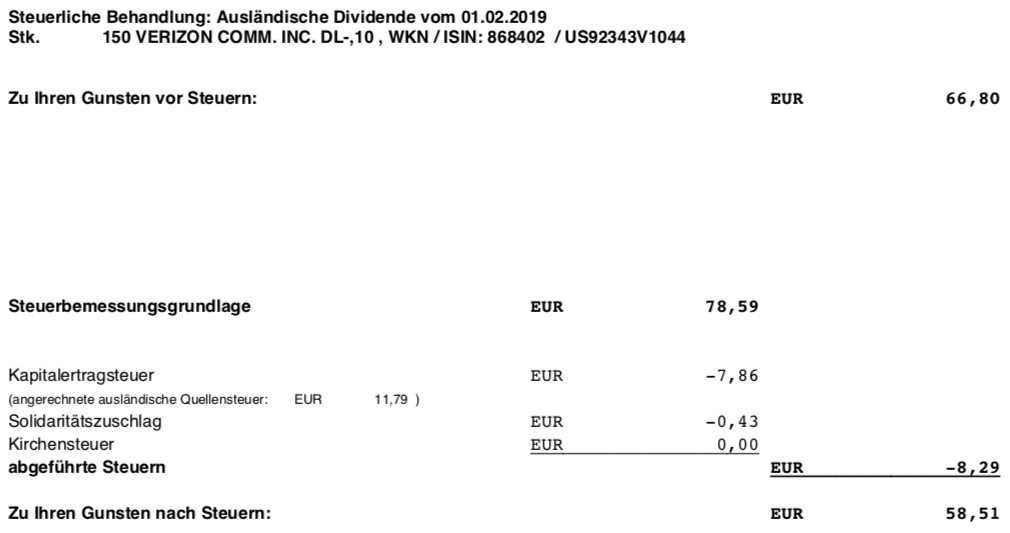 Die Originalabrechnung der Steuer der VZ-Dividende im Februar 2019