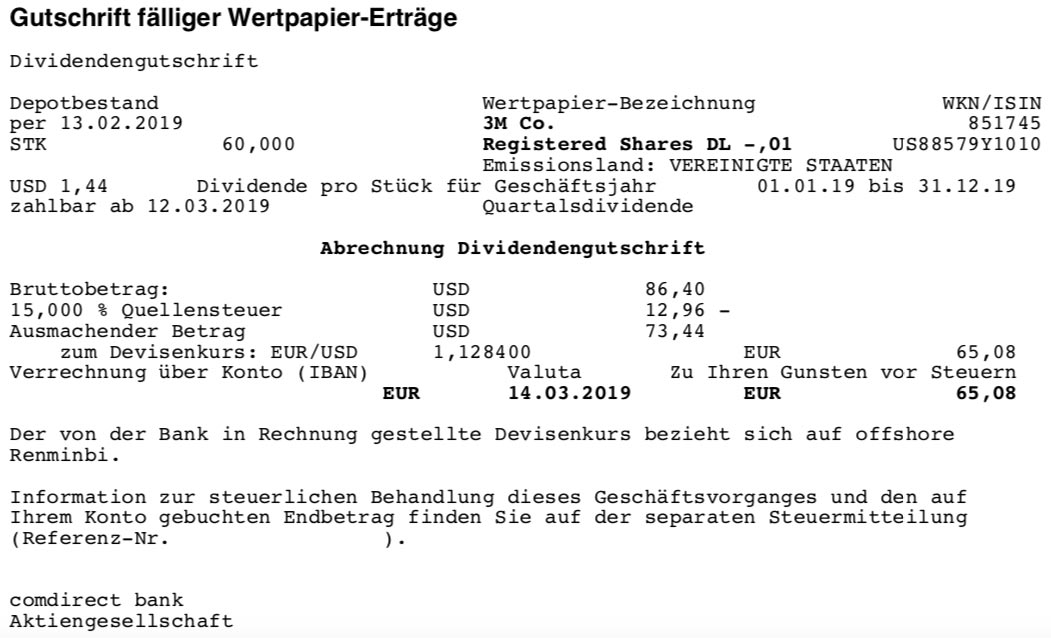 Die Originalabrechnung der 3M-Dividende im März 2019