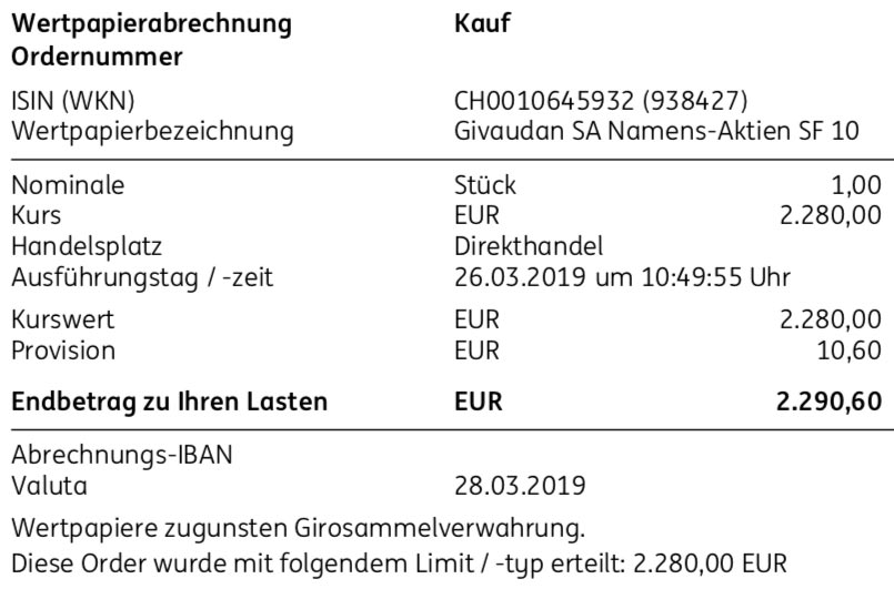 Originalabrechnung Givaudan-Kauf im März 2019