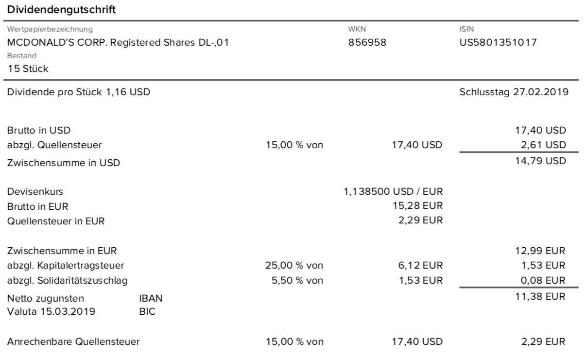 Originalabrechnung der McDonald's-Dividende im März 2019
