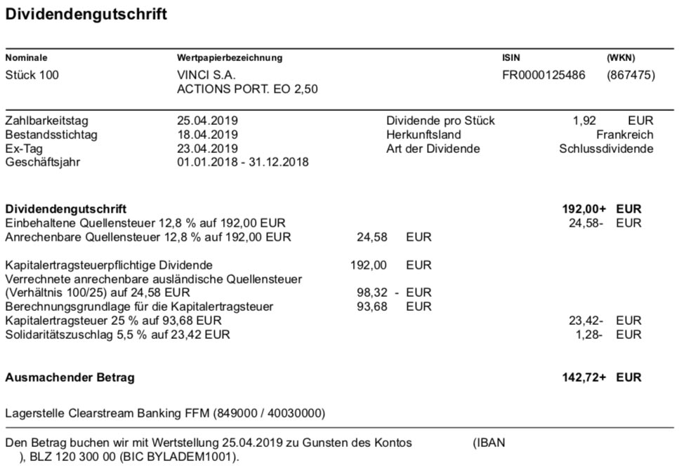 Dividendenabrechnung VINCI im April 2019