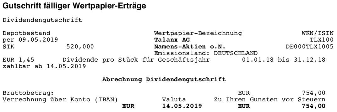 Dividendenabrechnung Talanx im Mai 2019