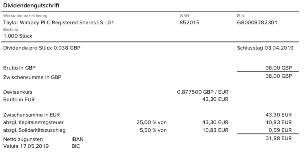 Dividendenabrechnung Taylor Wimpey im Mai 2019