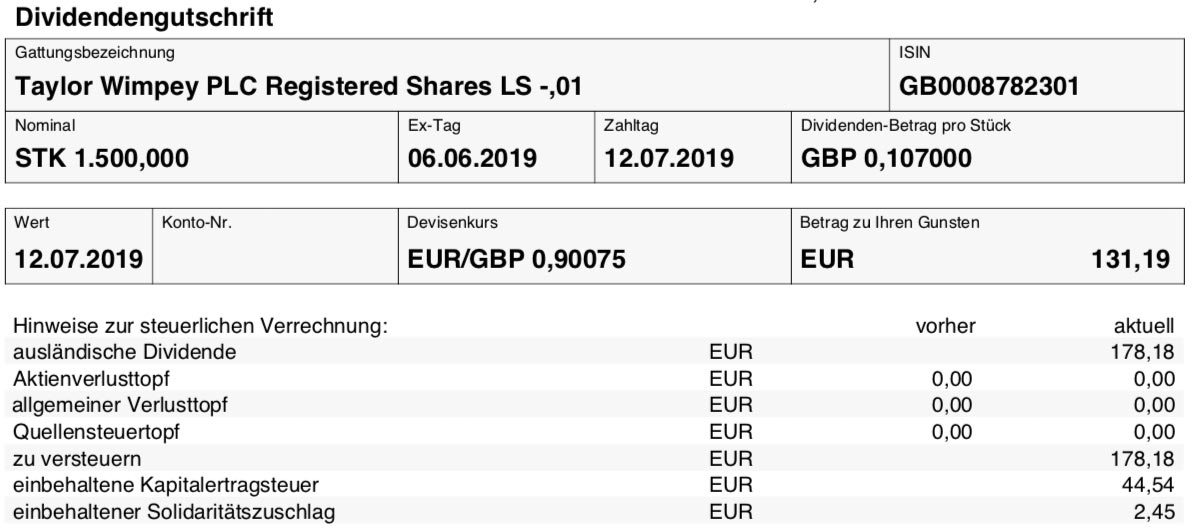 Originalabrechnung Taylor Wimpey Dividende bei der Onvista Bank