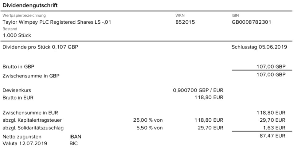 Originalabrechnung Taylor Wimpey Dividende durch die Consorsbank