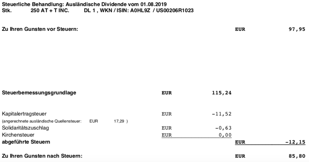 Steuerabrechnung der Dividendenzahlung von AT&T im August 2019