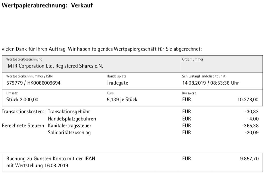 Verkauf MTR Aktien im August 2019