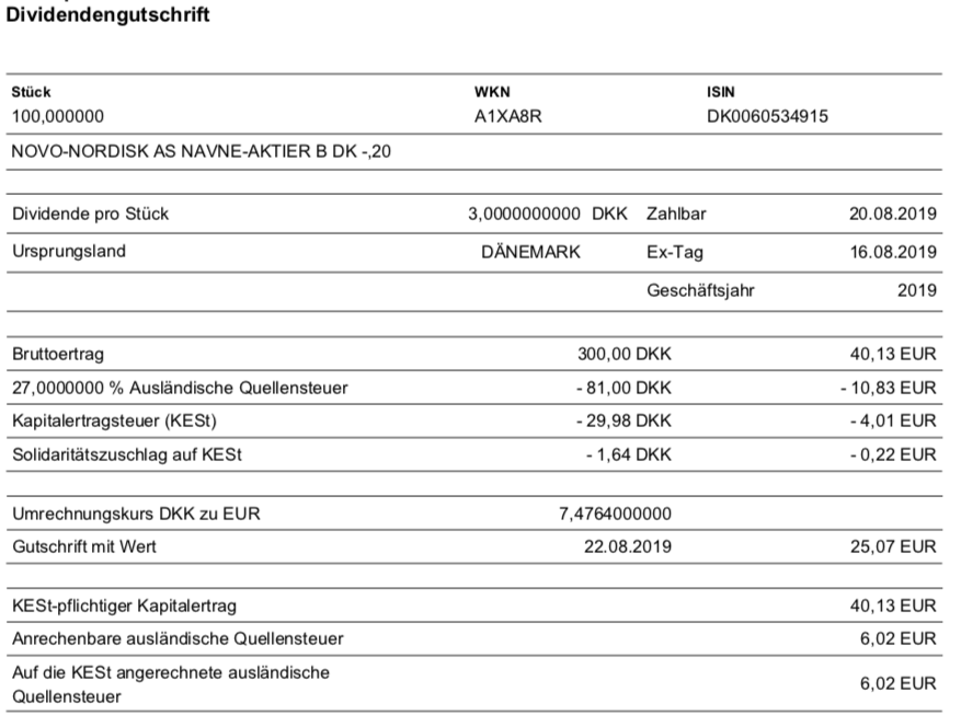 Originalabrechnung Dividendenzahlung Novo-Nordisk im August 2019