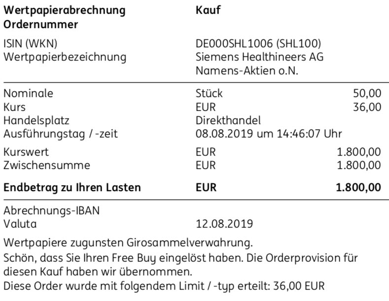 Abrechnung Kauf Siemens Healthineers Aktien