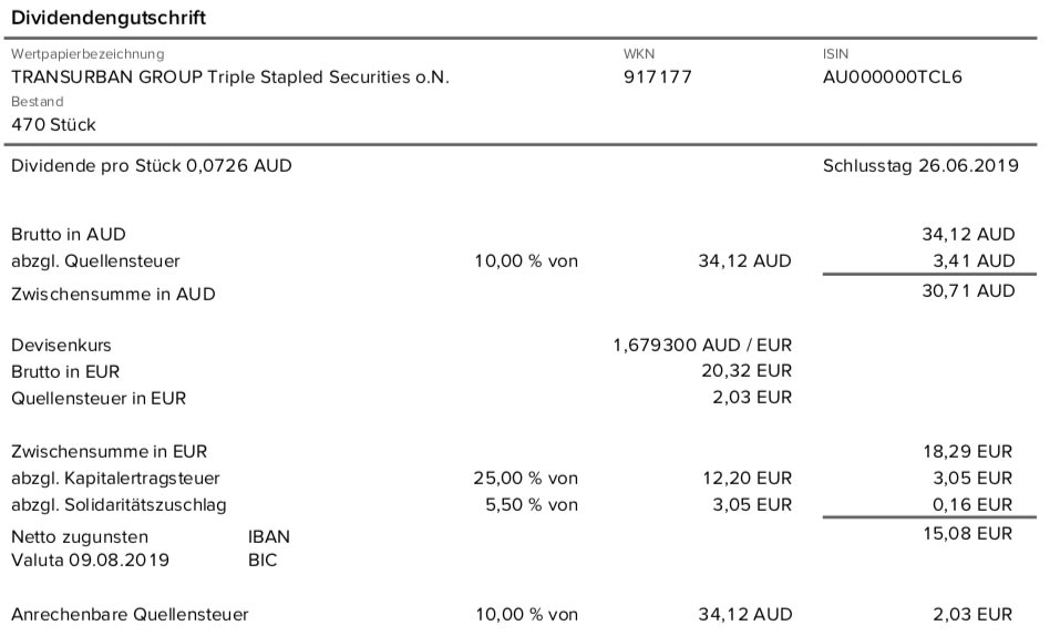 Originalabrechnung Dividendenzahlung Transurban Group Teil 2 im August 2019