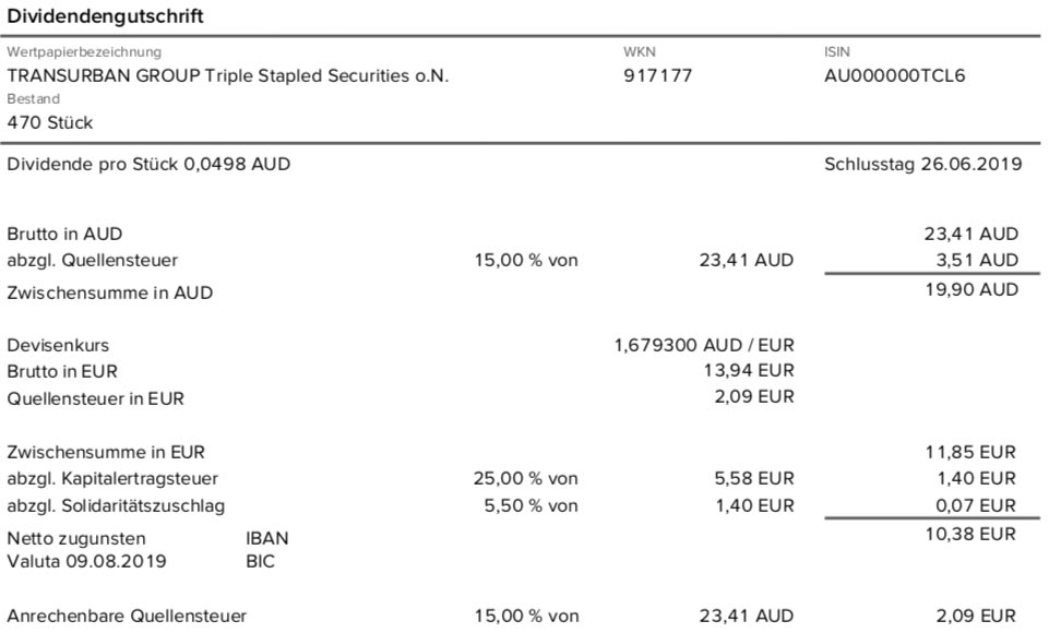 Originalabrechnung Dividendenzahlung Transurban Group Teil 1 im August 2019