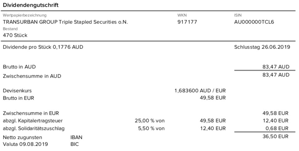 Originalabrechnung Dividendenzahlung Transurban Group Teil 3 im August 2019