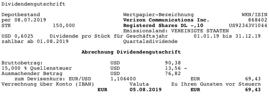 Originaldividendenabrechnung Verizon im August 2019