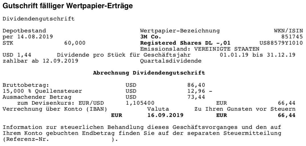 Originalabrechnung Dividendenzahlung 3M im September 2019