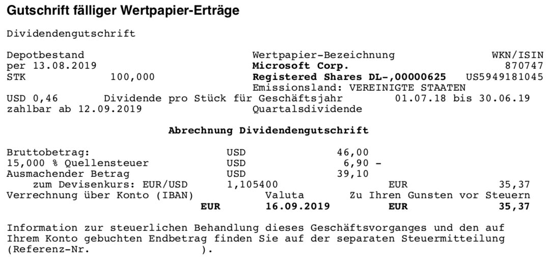 Originalabrechnung Dividendenzahlung Microsoft im September 2019