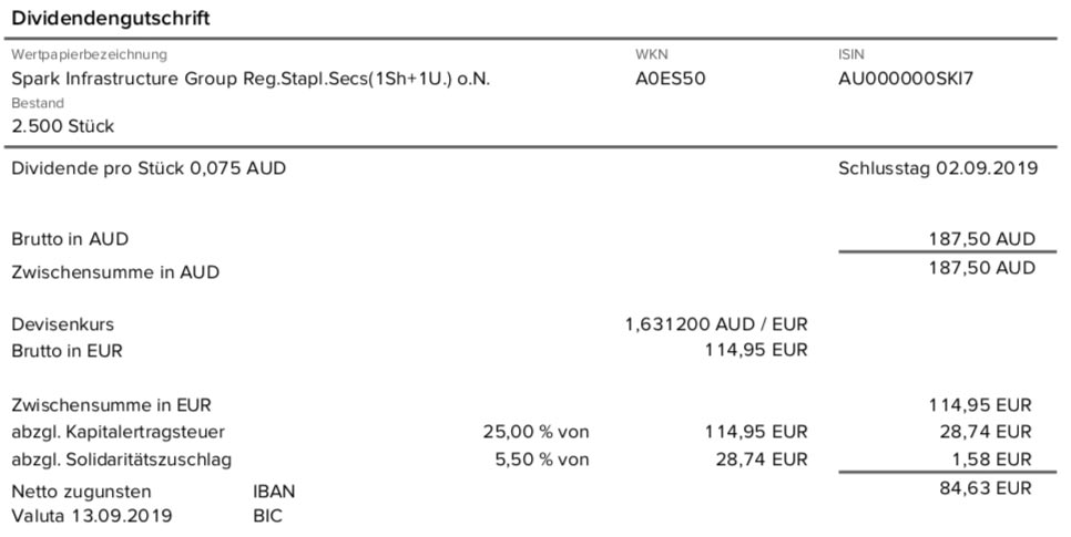 Originaldividendenabrechnung Spark Infrastructure im September 2019