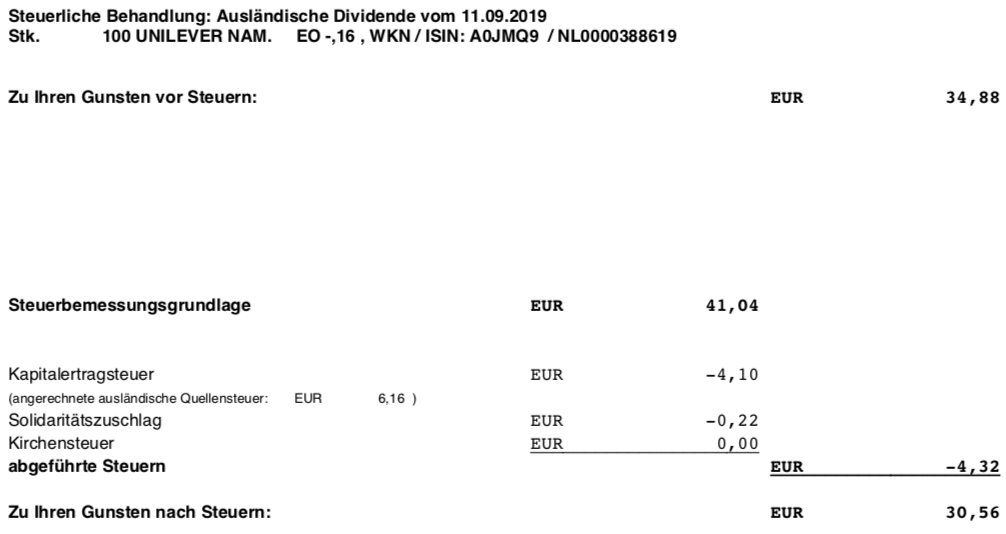 Steuerabrechnung Dividendenzahlung Unilever im September 2019