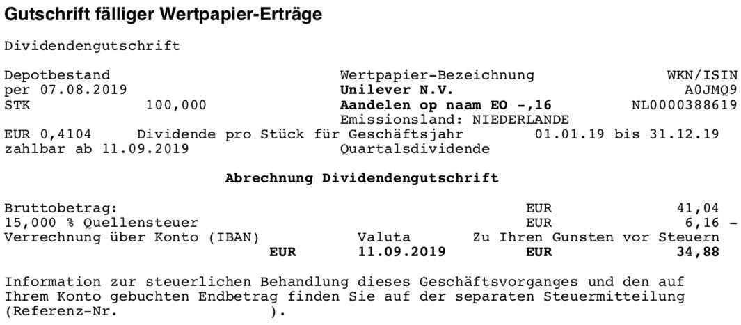 Originalabrechnung Dividendenzahlung Unilever im September 2019