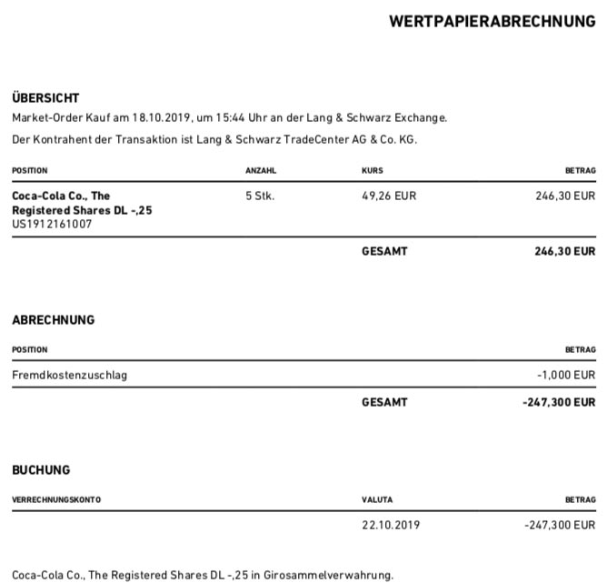 Originalabrechnung Kauf Coca-Cola Aktien im Oktober 2019