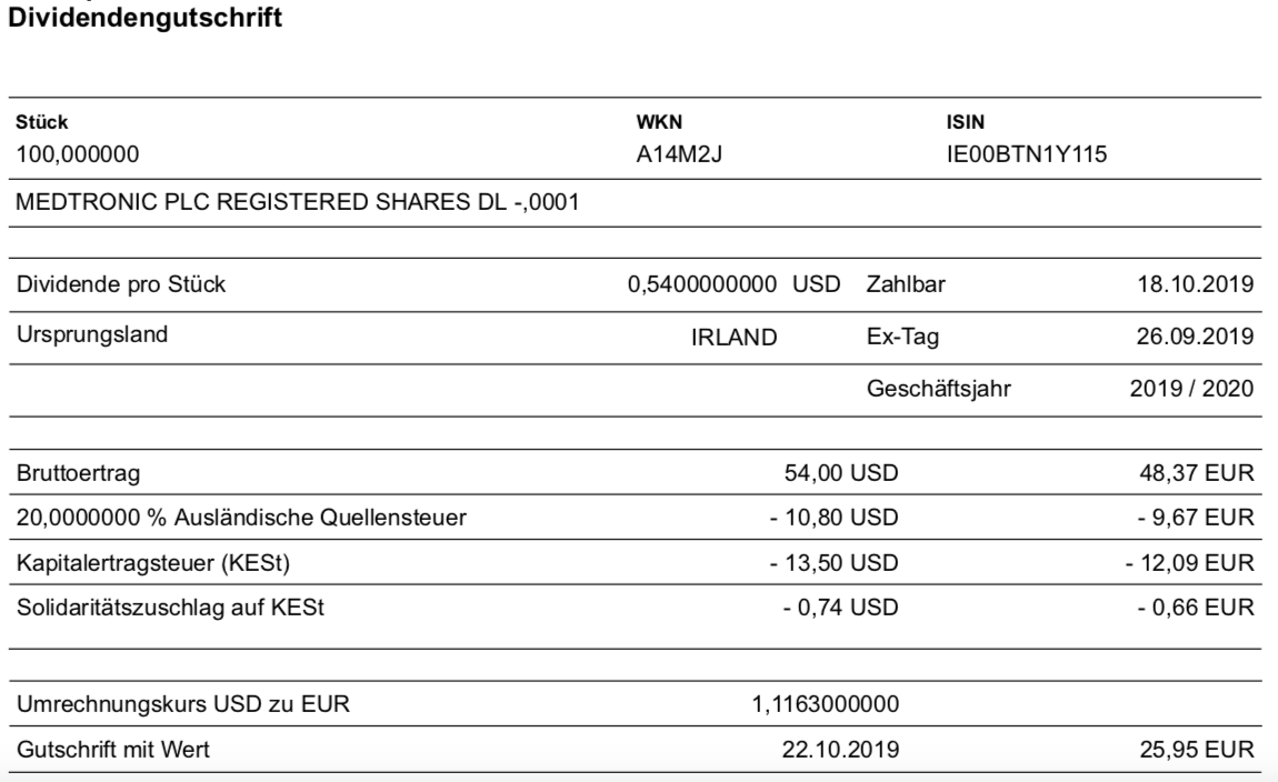 Originalabrechnung Dividende Medtronic im Oktober 2019