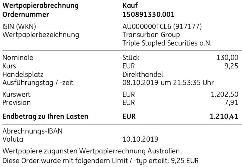 Originalabrechnung Kauf Transurban Group im Oktober 2019