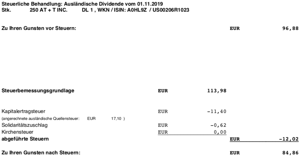 Originaldividendenabrechnung Steuer AT&T November 2019