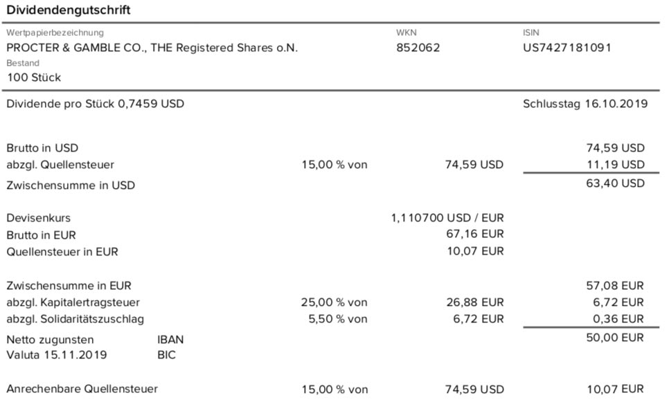 Originalabrechnung Dividende Procter & Gamble im November 2019