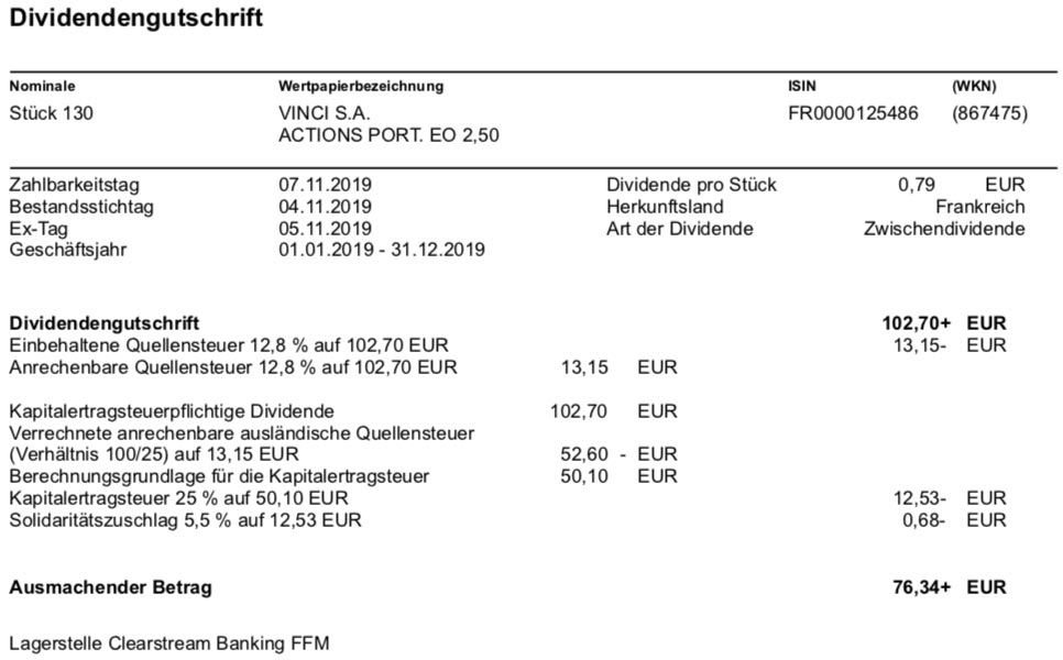 Originalabrechnung VINCI-Dividende im November 2019