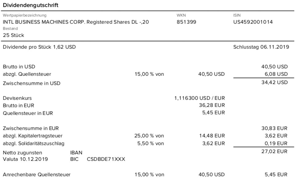 Originaldividendenabrechnung IBM im Dezember 2019