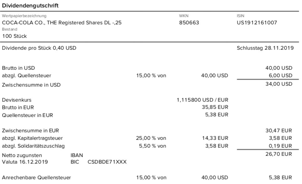 Originaldividendenabrechnung Coca-Cola im Dezember 2019