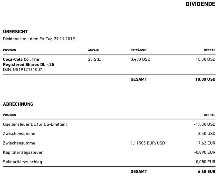 Originaldividendenabrechnung Coca-Cola im Dezember 2019