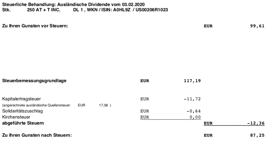 Original-Dividendenabrechnung AT&T Steuern im Februar 2020