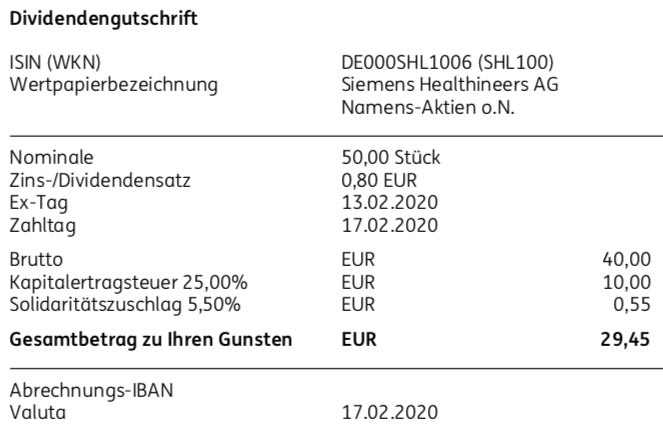 Originaldividendenabrechnung Siemens Healthineers Dividende im Februar 2020 bei der ING