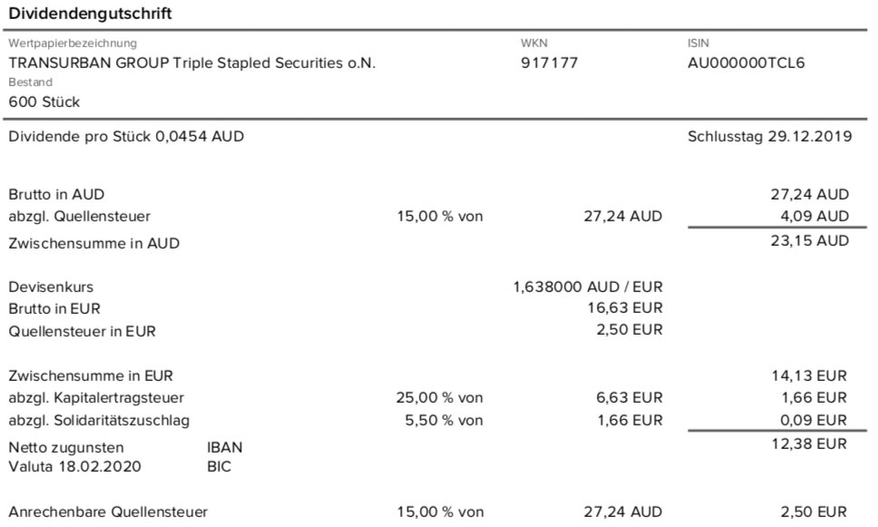 Dividendenabrechnung Transurban Group im Februar 2020 mit 15% Quellensteuer