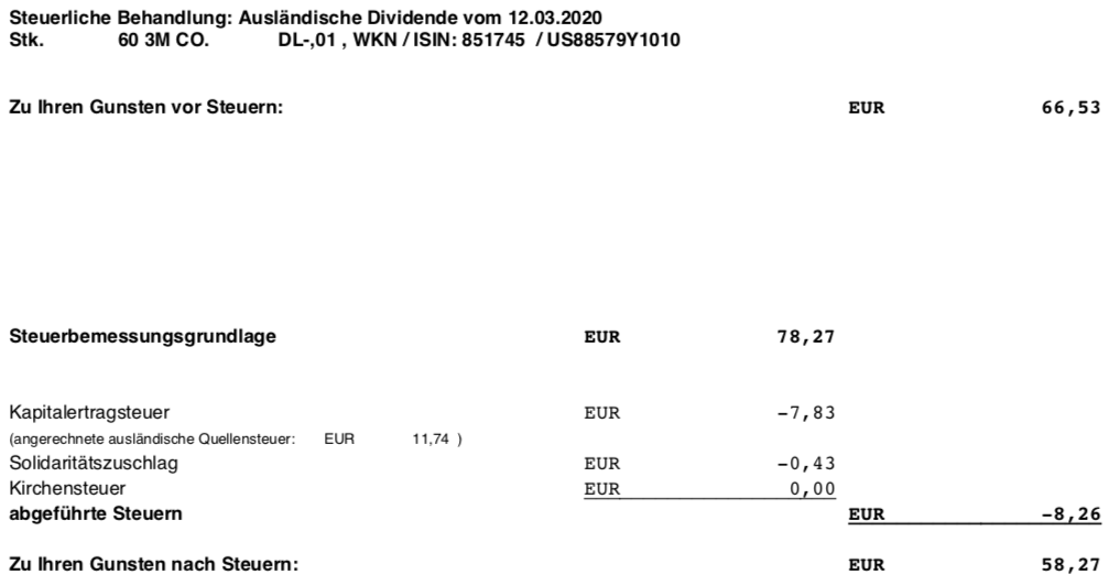 Dividendenabrechnung 3M (Steuern) im März 2020